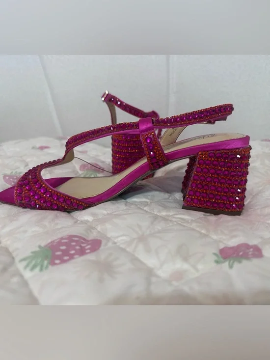 Betsey Johnson Hot Pink Crystal-Embellished Slingback Block Heels - Picture 2 of 6